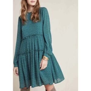 Anthropologie Maeve Esther Tiered Tunic Dress Green Printed Dot - Women’s Sz L